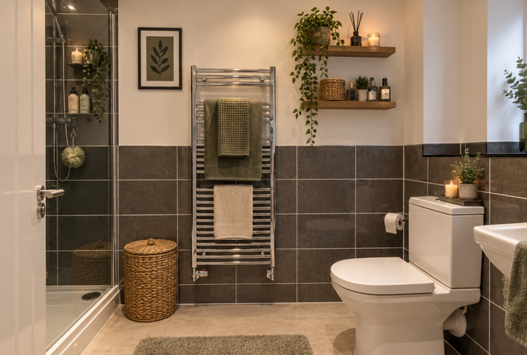 A bathroom with a shower, toilet, sink, and towel rack.
