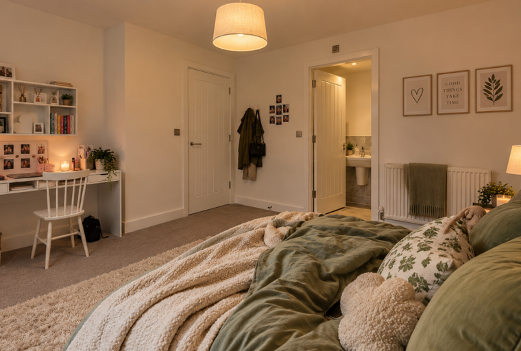 A bedroom with a bed, a desk, and a doorway to a bathroom.