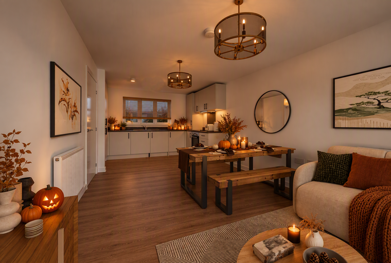 A dining table set for a meal with pumpkins and candles, in a room with a kitchen and living area.
