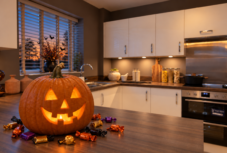 A carved Halloween pumpkin with candy sits on a kitchen counter.