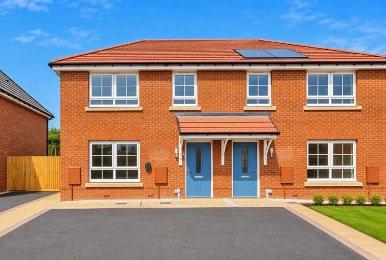 A red brick semi-detached house with two blue front doors and a paved driveway.