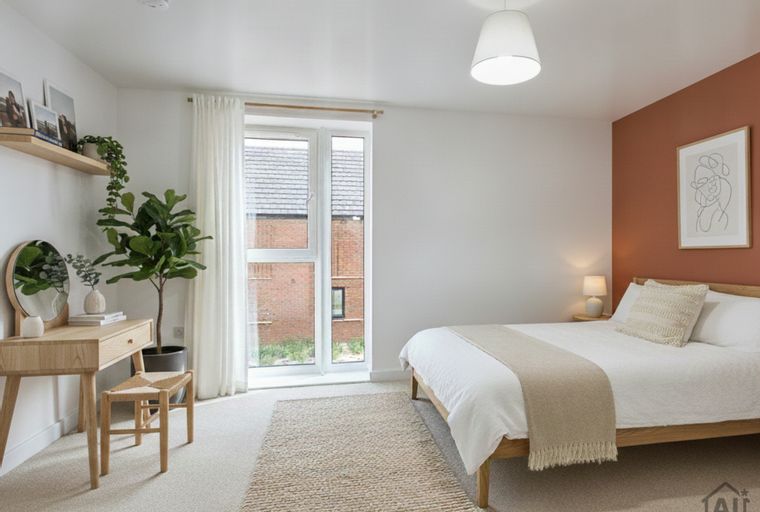 A bedroom with a bed, a vanity, and a large window.