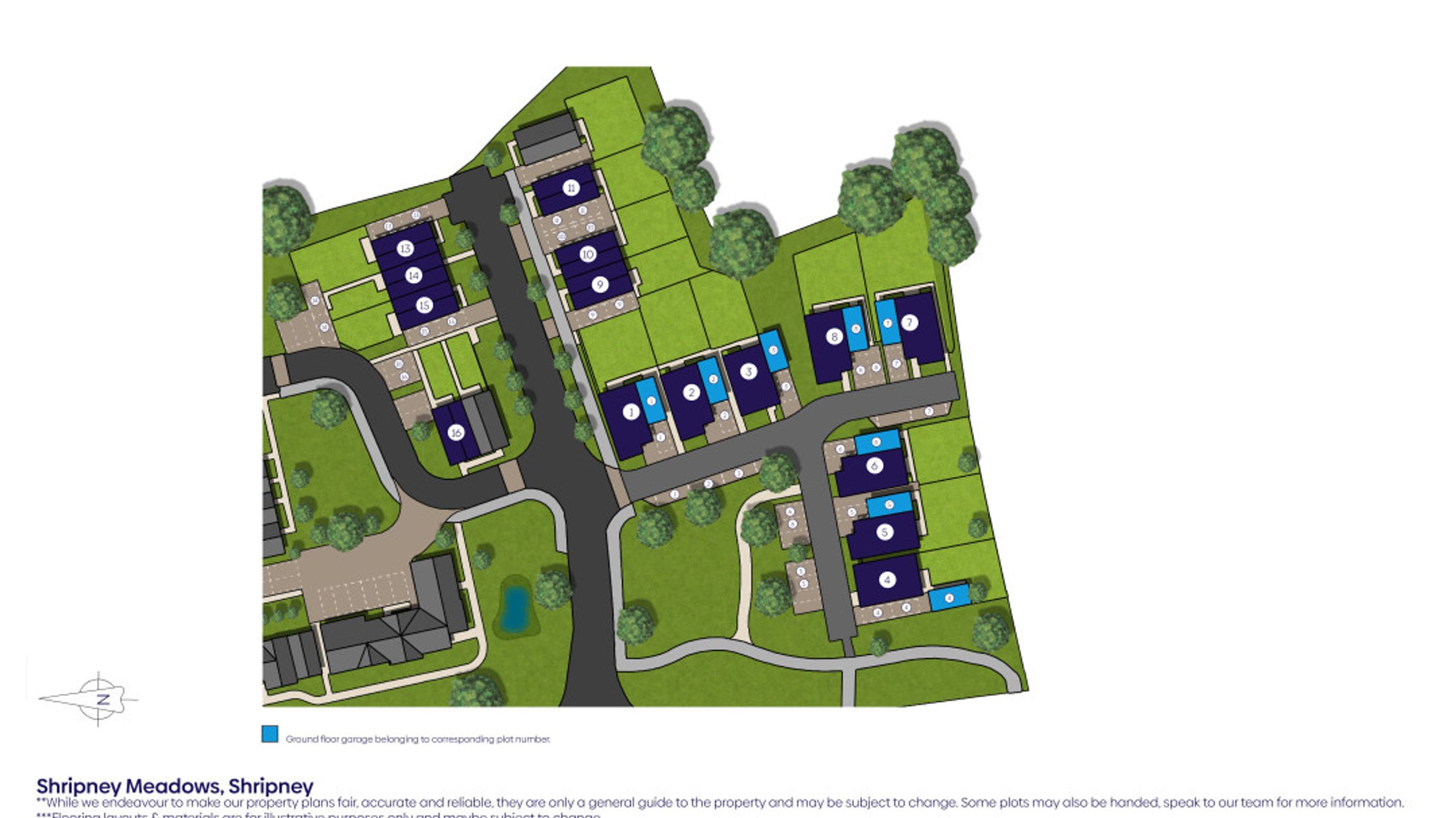 A site plan of the Shripney Meadows development showing numbered plots and roads.