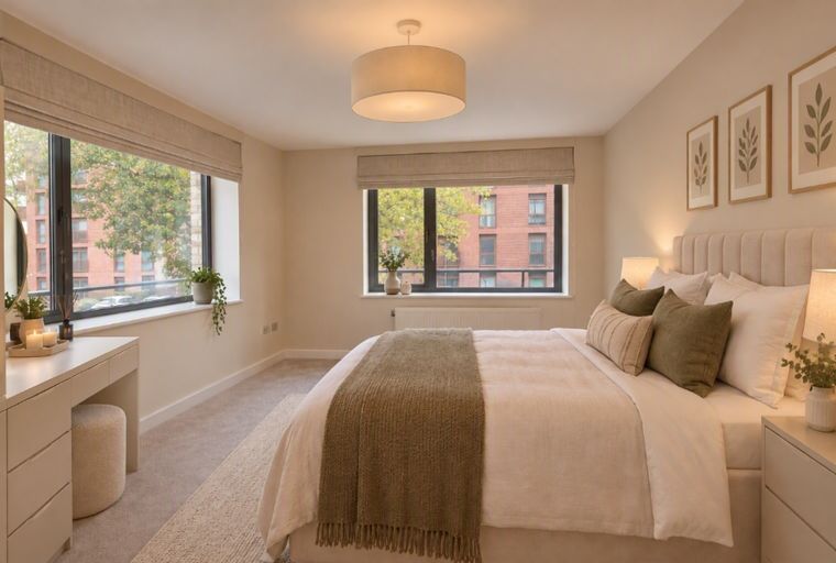 A bedroom with a bed, windows, and a vanity.