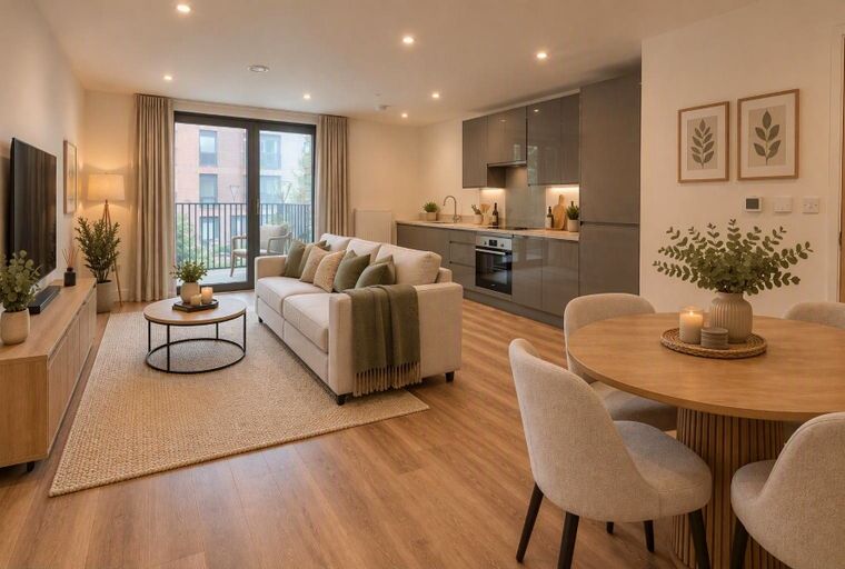 A living room and kitchen area with a sofa, coffee table, and dining table.