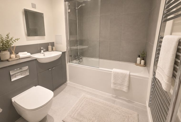 A modern bathroom with a bathtub, shower, toilet, and sink.