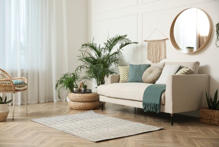 A living room with a sofa, chair, plants, and a rug.