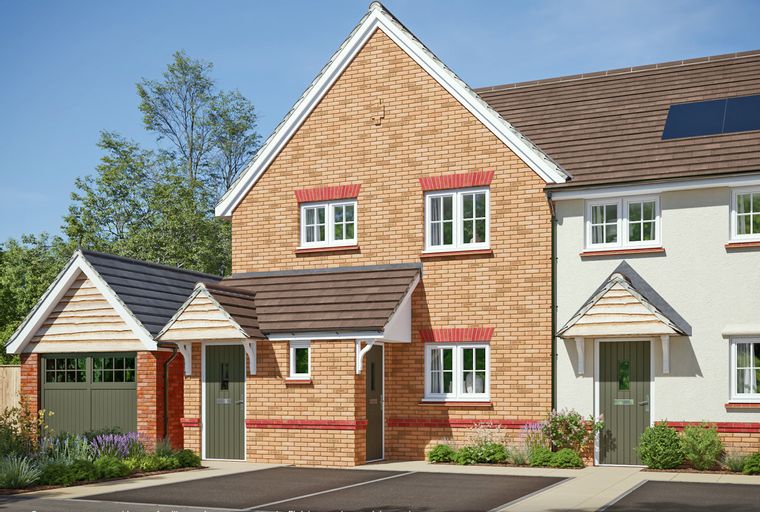 A row of new build houses with a garage on the left.