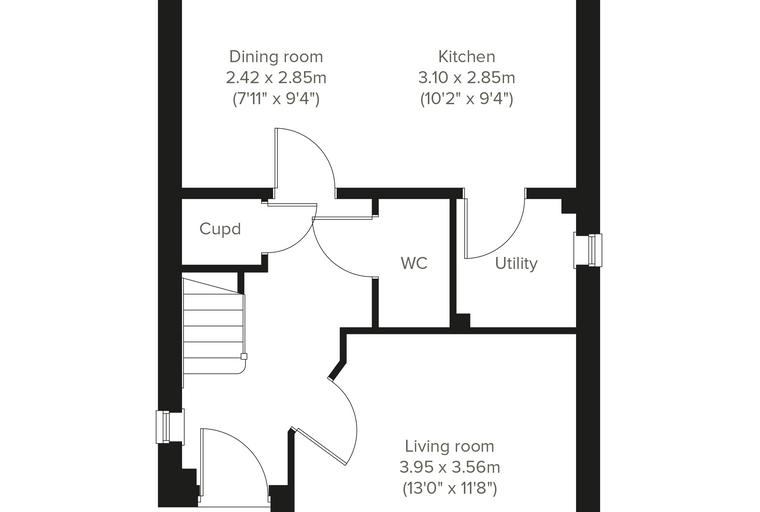 A floor plan of a house showing a living room, dining room, kitchen, WC, utility room, and stairs.