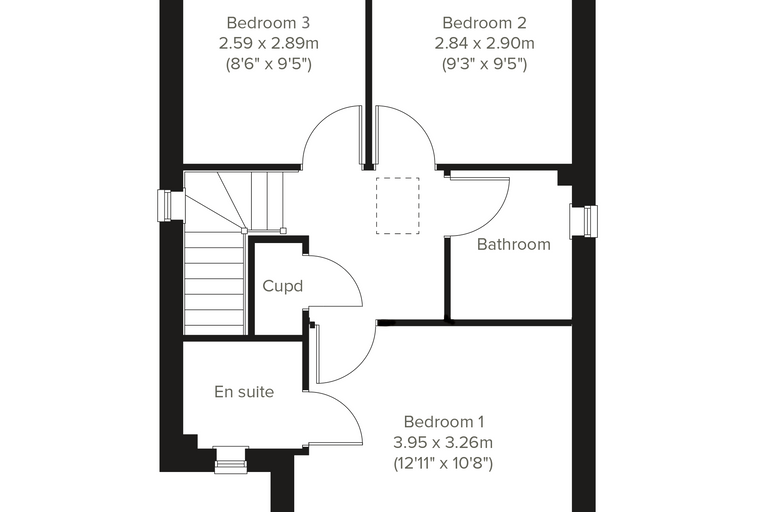 A floor plan showing three bedrooms, a bathroom, an en-suite, and a cupboard.
