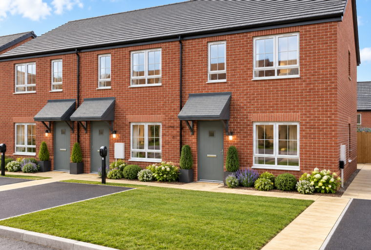 A row of red brick townhouses with grey doors and awnings.
