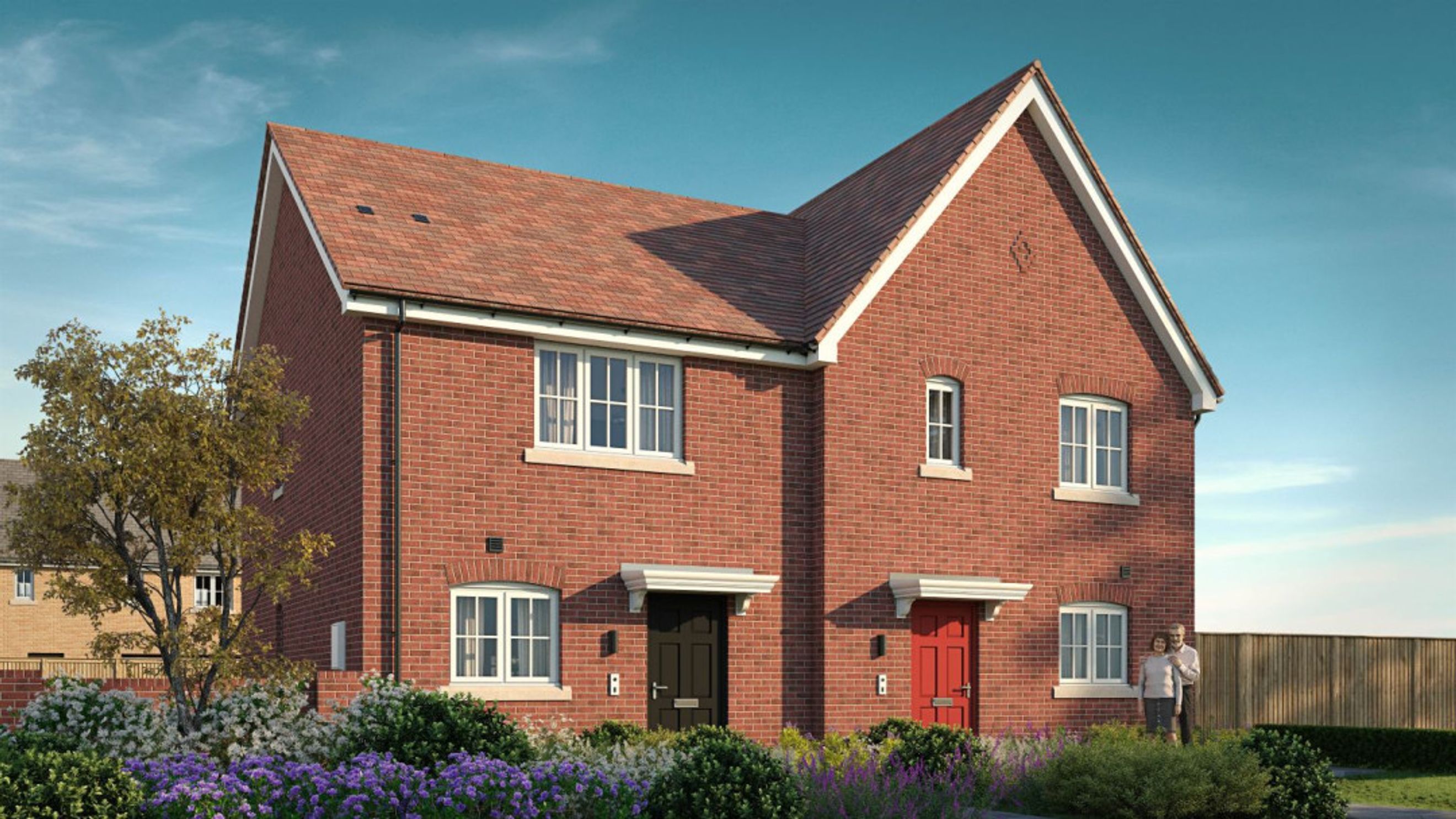A red brick semi-detached house with two front doors and a garden.
