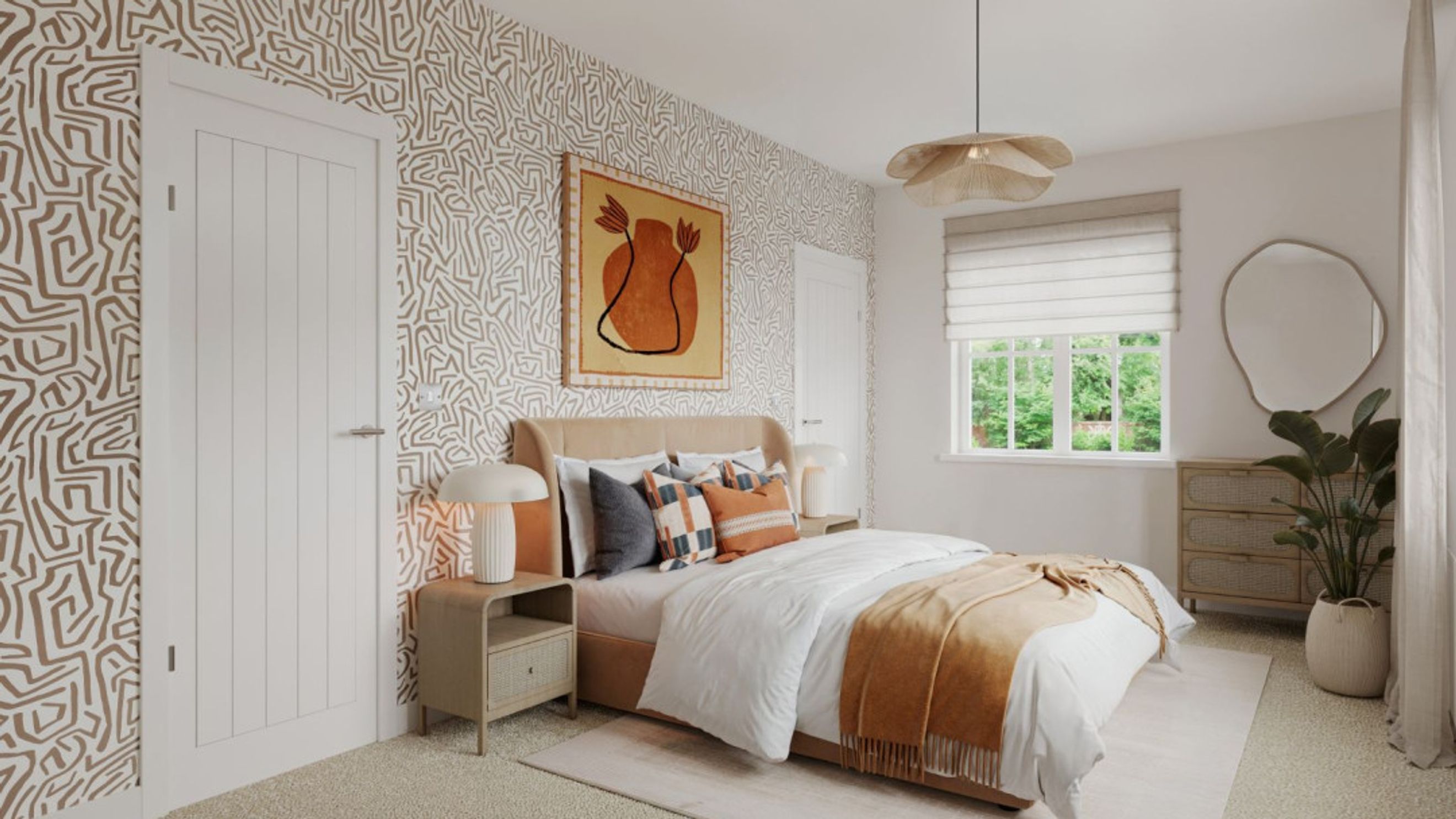 A bedroom with a bed, bedside tables, a dresser, and a window.