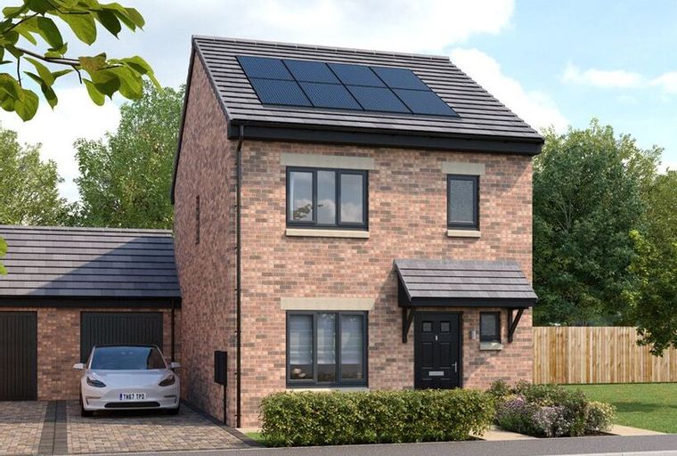 A brick house with solar panels on the roof and a car in the driveway.
