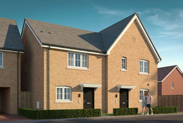 A pair of modern brick houses with dark front doors and manicured hedges.