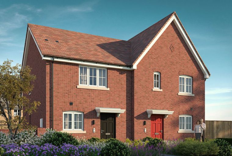A red brick semi-detached house with two front doors and a garden.