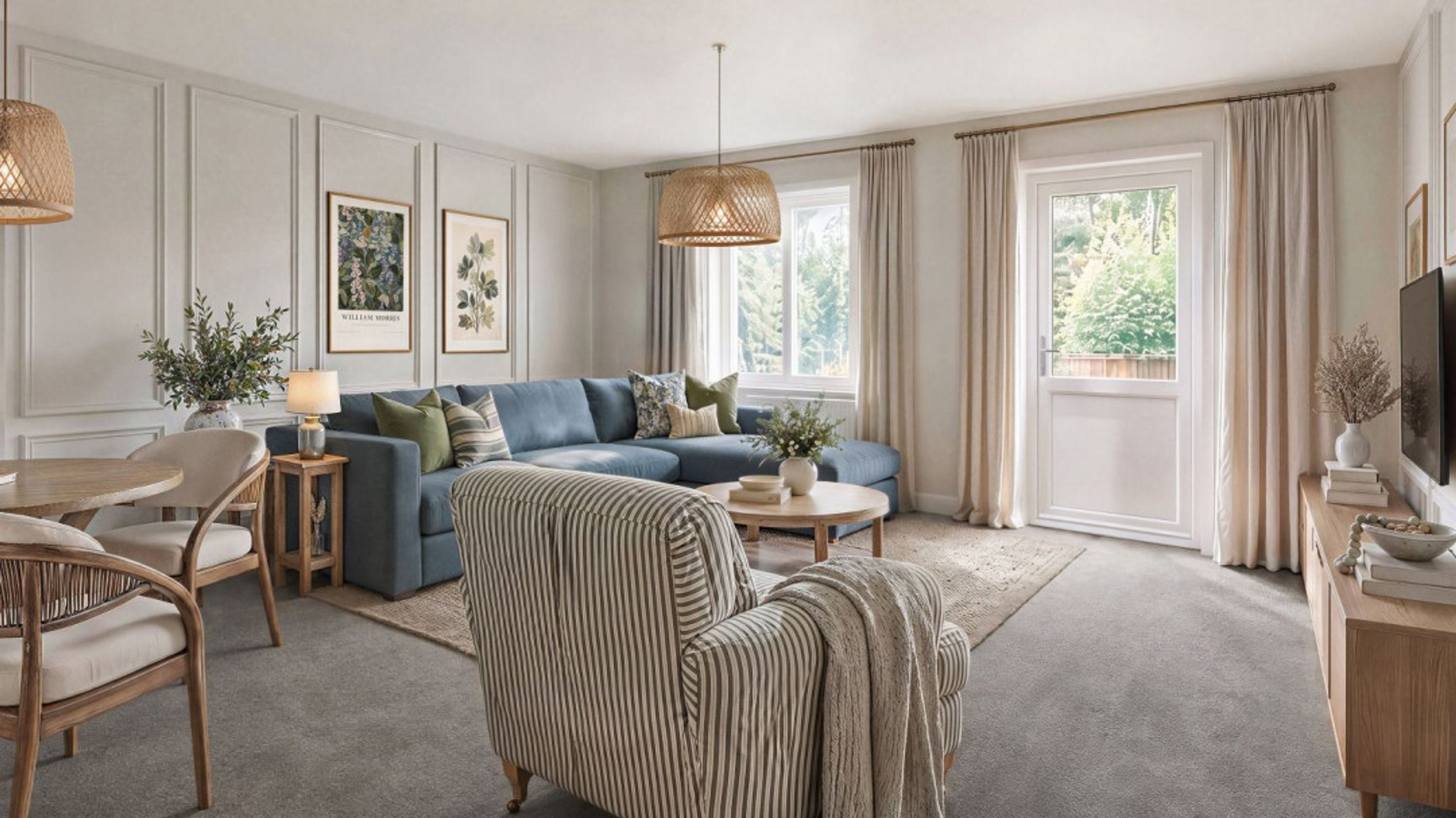 A living room with a blue sectional sofa, a striped armchair, and a coffee table.