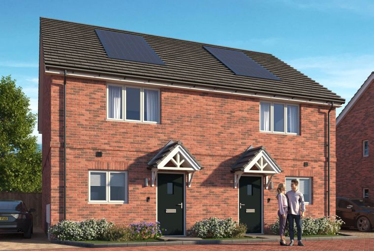 A pair of modern brick semi-detached houses with solar panels on the roof, two front doors, and a couple standing outside.