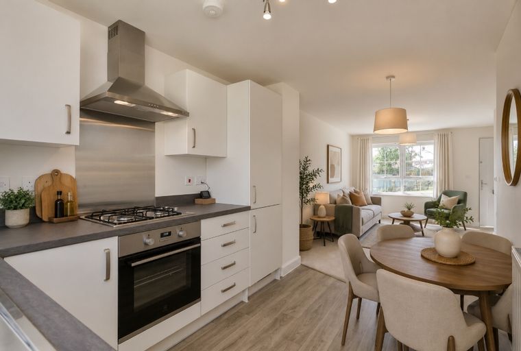 A modern kitchen and dining area with a living room in the background.