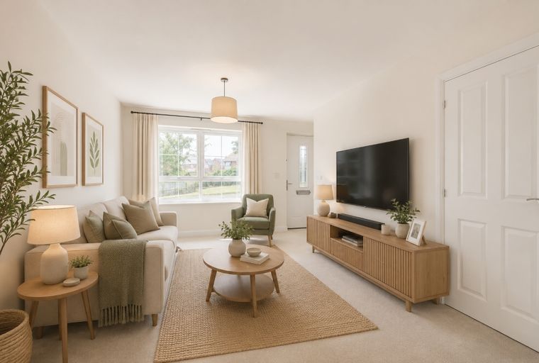 A living room with a sofa, coffee table, and television.