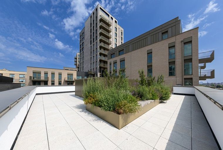 A rooftop terrace with a planter box and surrounding buildings.