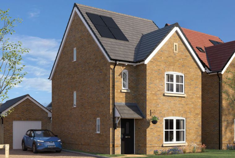 A modern brick house with solar panels on the roof, a garage, and a blue electric car parked in front.