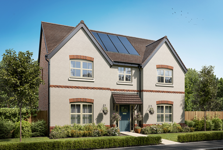 A modern detached house with solar panels on the roof, surrounded by trees and a garden.