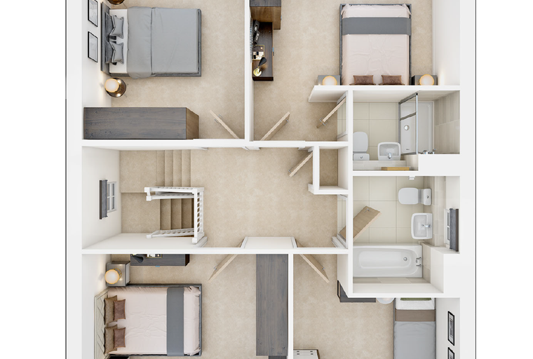 A floor plan of a multi-level house with bedrooms, bathrooms, and living areas.