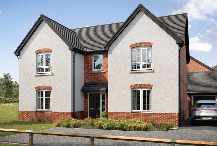 A modern house with white render and red brick accents, featuring multiple windows and a dark front door.