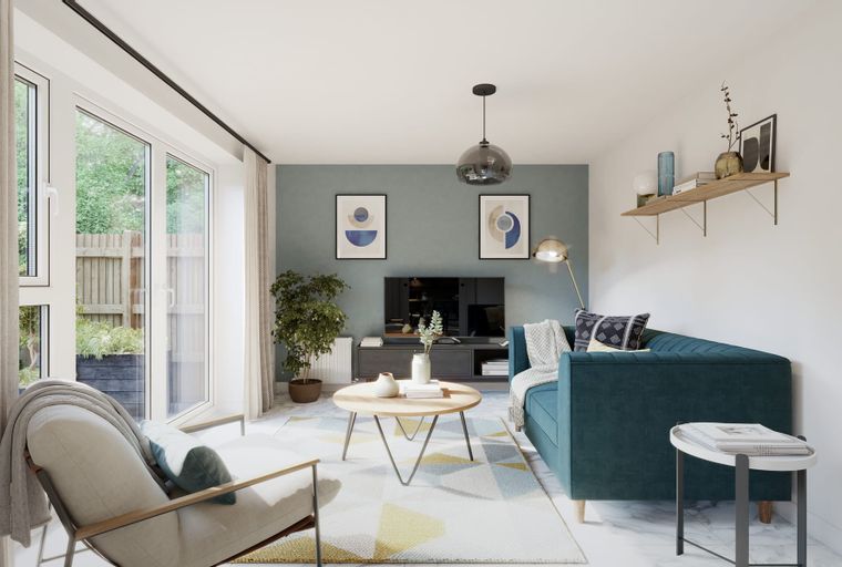 A living room with a teal sofa, armchair, coffee table, and entertainment center.