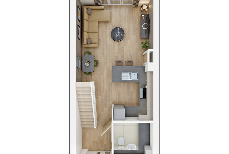 A top-down view of a modern apartment layout featuring a living area, dining space, kitchen island, and bathroom.