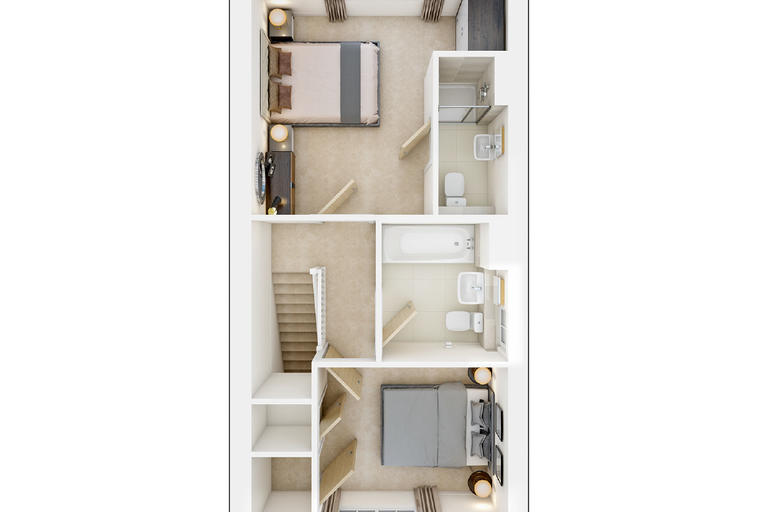 A floor plan of a multi-level home with two bedrooms and two bathrooms.