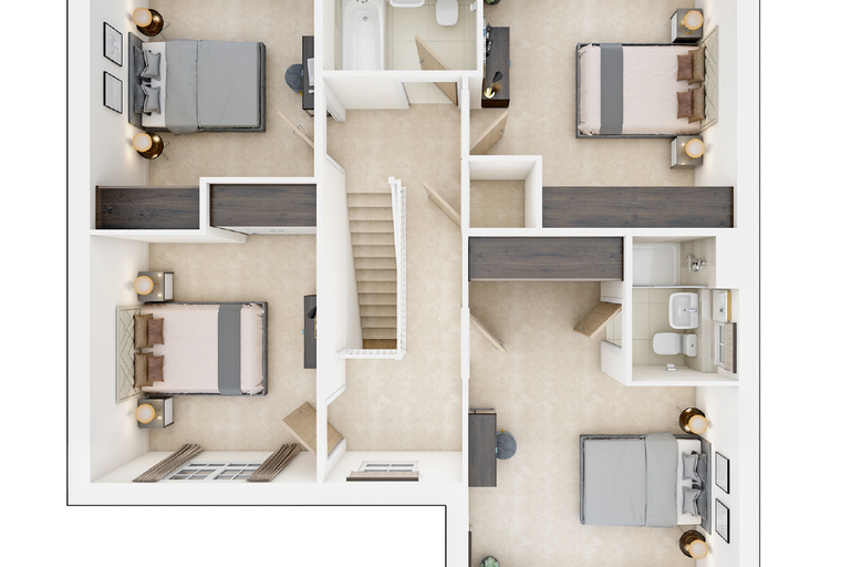 A floor plan of a house with four bedrooms and two bathrooms.