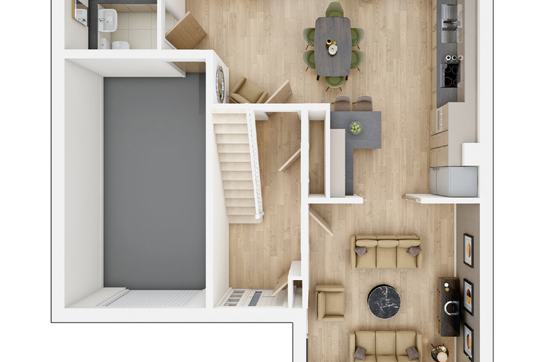 A floor plan of a modern L-shaped house with an open-plan living area, kitchen, dining room, and living room.