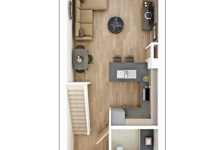 A top-down view of a modern apartment layout featuring a living room, dining area, kitchen, and bathroom.