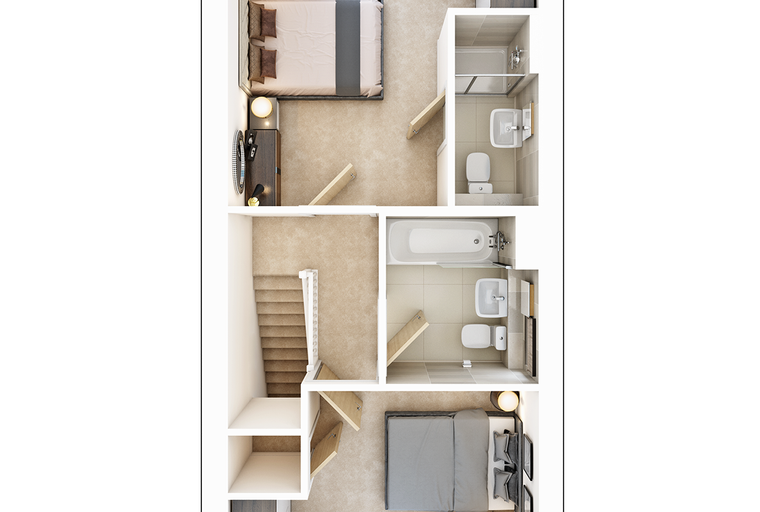 A floor plan of a house with two bedrooms and two bathrooms.