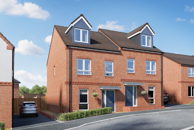 A brick townhouse with blue front doors and dormer windows, parked car, and a driveway.