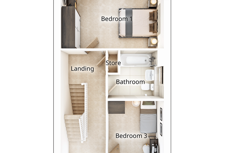 A floor plan of a house showing three bedrooms, a landing, a store, and a bathroom.