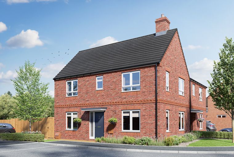 A red brick house with a dark roof and white-framed windows.