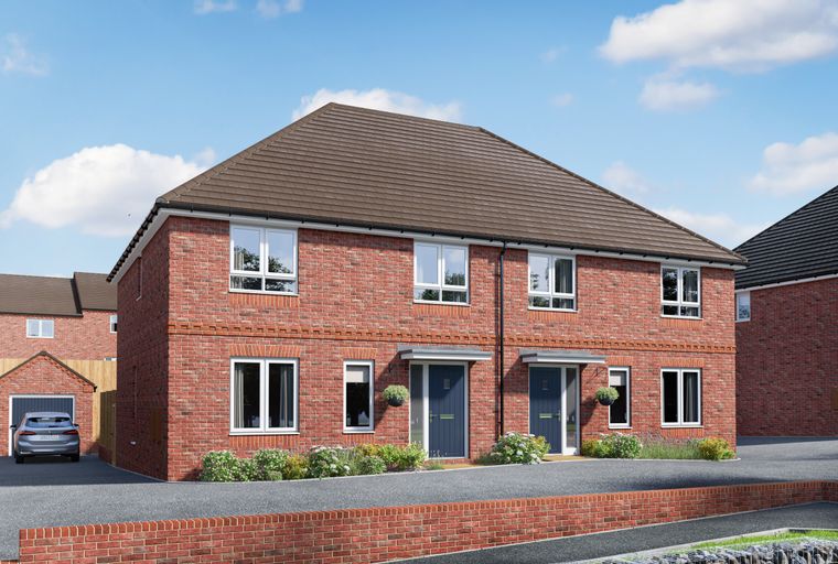 A pair of red brick semi-detached houses with dark blue front doors and white-framed windows under a tiled roof.