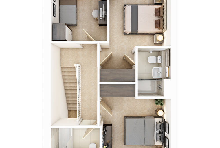 A floor plan of a house with three bedrooms and two bathrooms.