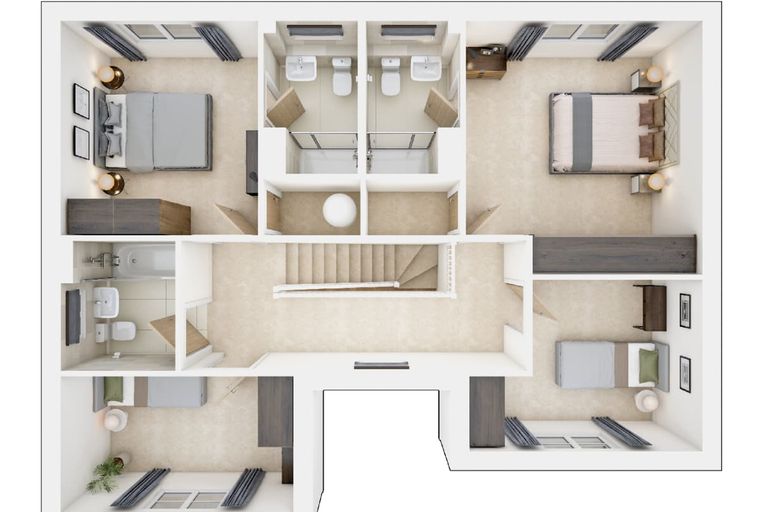 A floor plan of a house with multiple bedrooms and bathrooms.