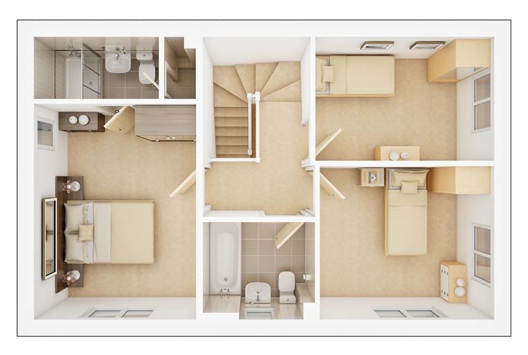 A floor plan of a house with three bedrooms and two bathrooms.