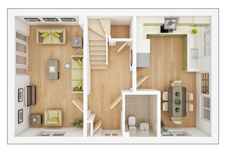 A floor plan of a house with a living room, kitchen, dining area, and bathroom.