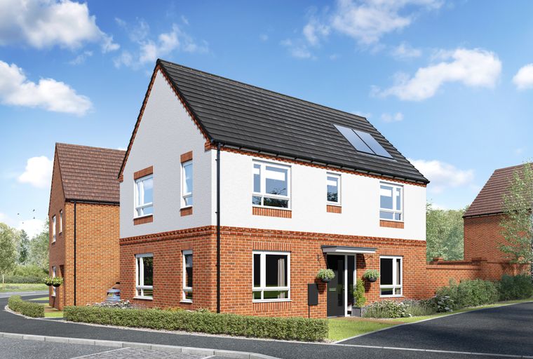 A modern house with white render and red brick exterior, featuring multiple windows and a dark front door.