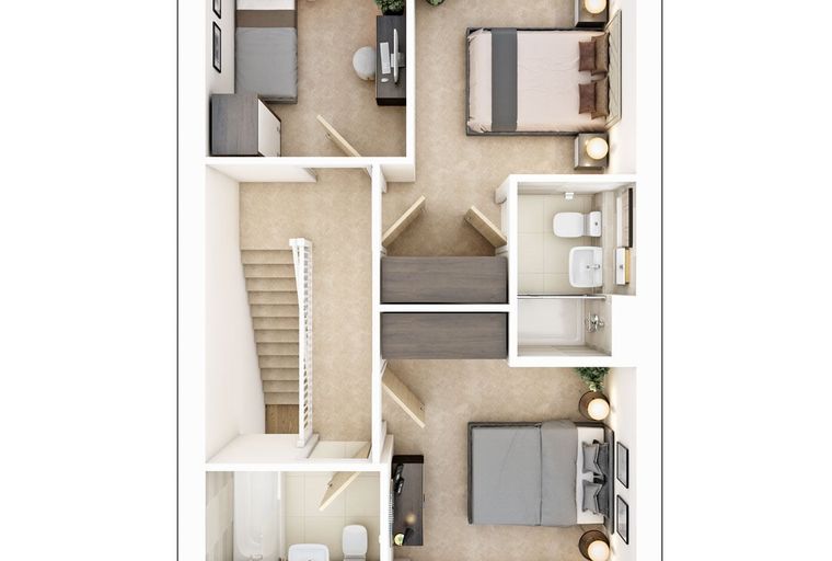 A floor plan of a house with three bedrooms and two bathrooms.
