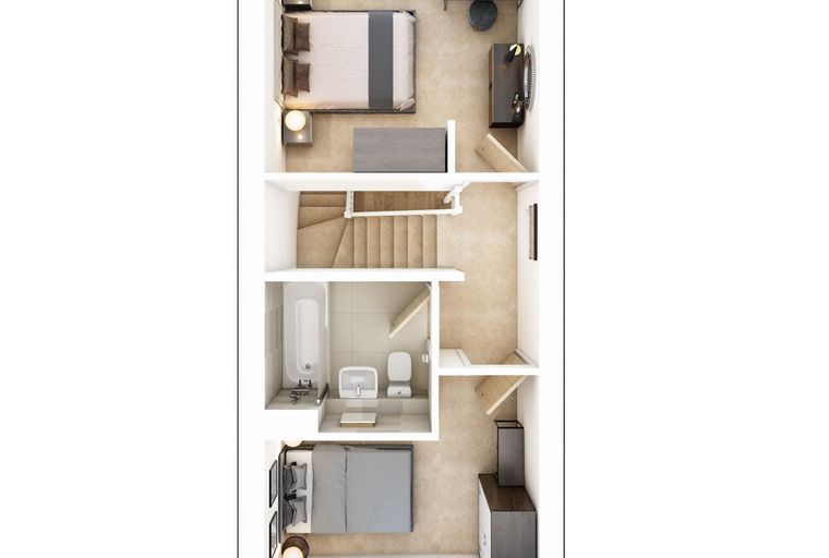 A floor plan of a two-story home with two bedrooms and one bathroom.