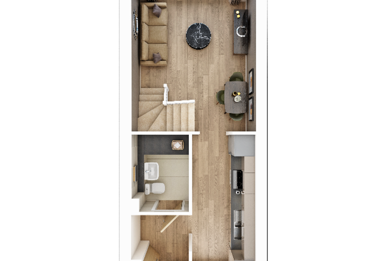 A floor plan of a townhouse with a living room, dining area, kitchen, bathroom, and stairs.