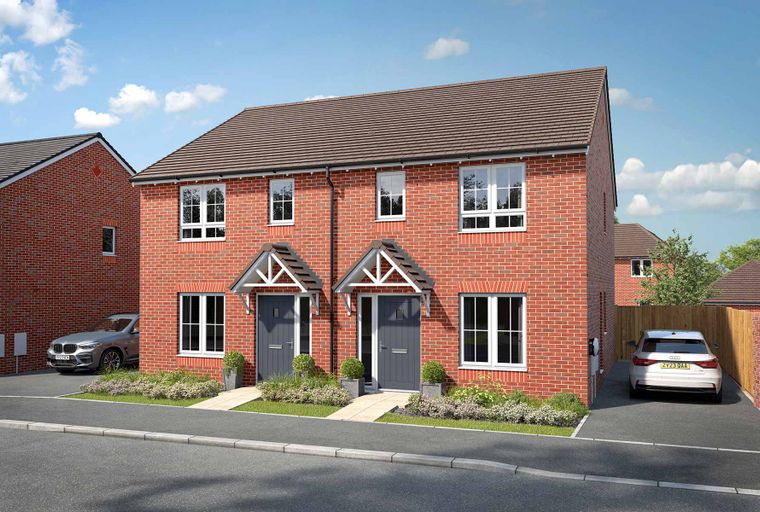 A pair of red brick semi-detached houses with grey front doors and white-framed windows, parked cars, and landscaped gardens.