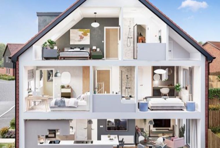 A cutaway view of a modern house showing multiple floors and rooms.